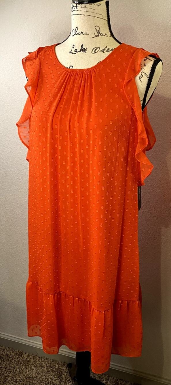 Tommy Hilfiger Ruffle Flutter Dress Women 10 Orange Chiffon Trapeze Clip Dot NWT